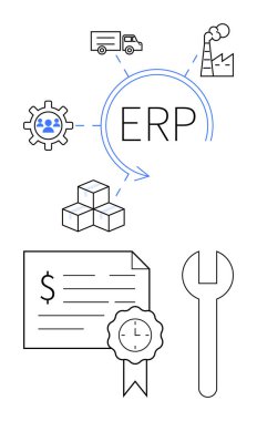 ERP 'de kamyon, fabrika, çarklar, küpler, finansal belgeler, İngiliz anahtarı gibi birbiriyle bağlantılı ikonlar yer alıyor. İş çözümleri, otomasyon, verimlilik lojistiği için ideal