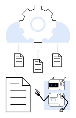 Bulut teçhizatı, doküman ağı ve onları gösteren robot. Veri yönetimi, bulut depolama, teknoloji entegrasyonu, dijital iş akışı, bilgi organizasyonu, otomasyon, yapay