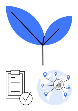 Mavi bitki, kontrol işareti olan kontrol listesi ve yer belirleyicilerle bağlantılı bir dünya haritası. Sürdürülebilirlik, çevresel hedefler, küresel ticaret, eko-çözümler, yeşil girişimler, iş