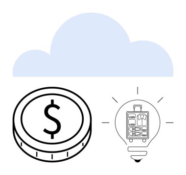 Bulut tasarımı, içinde bir dolar bozuk para ve bir bavul bulunan ampul. Yenilik, finans, yaratıcılık, seyahat, teknoloji, iş stratejileri ve soyut düz çizgi metaforu için ideal