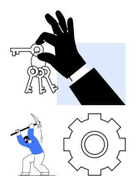 Birden fazla anahtarı güvenceye almak, mavi elbiseli kazma kazan kişi, büyük çark. Çözüm kavramları, sıkı çalışma, otomasyon, yenilik, güvenlik, iş stratejisi soyut çizgisi için ideal