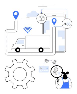 GPS işaretli güzergahta gezinen kamyonet, büyük vites sembolü, konum şifreli akıllı telefon, mali ve teslimat verilerini analiz eden kişi. Lojistik, ulaşım, tedarik zinciri ve GPS için ideal