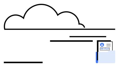 Yatay çizgilere sahip bulut ana hatları bağlantı olduğunu gösteriyor, bir profil belgesi içeren bir klasör. Bulut bilgisayarı, dosya paylaşımı, veri güvenliği, dijital depolama, yedekler, teknoloji için ideal