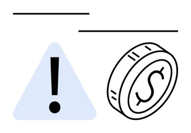 Bir üçgenin içinde ünlem işareti ve bir dolar madeni para ana hatları mali ihtiyatı işaret ediyor. Ekonomi, riskler, bütçe planlaması, tasarruflar, uyarılar, para yönetimi, soyut çizgi düz metafor için ideal