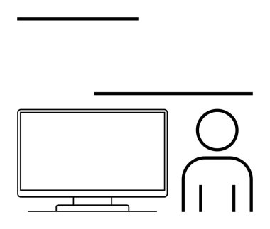 Bilgisayar ekranının yanında bir kişinin çizgi sanatı. Teknoloji, eğitim, uzaktan çalışma, kodlama, online toplantılar dijital öğrenme sunumları için idealdir. Çizgi benzetmesi. Çizgi benzetmesi. Basit satır simgeleri