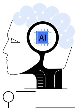 Stilize edilmiş bir beyni, yapay zeka çipi ve bağlı devreleri olan bir insan kafası profili. Yapay zeka, teknoloji, yenilik, nörobilim, makine eğitimi, gelecek kavramları ve soyut düz metafor için ideal