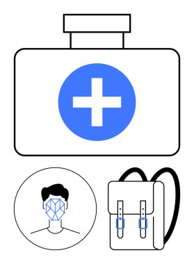 İlk yardım kiti, yüz tanıma illüstrasyonu ve sağlık hizmetlerini, dijital kimliği, seyahat hazırlığını, acil durum tepkisini, kişisel bakım ve koruma sağlığını vurgulayan sırt çantası. Soyut satır düzlüğü