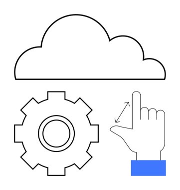 Teçhizatın üstünde bulut simgesi ve dijital teknolojiyi, kişiselleştirmeyi ve verimliliği temsil eden el hareketi. Bulut depolama, ayarlar, veri yönetimi, teknoloji ve bilişim hizmetleri için ideal