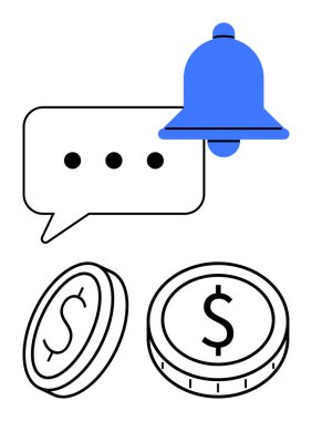 Bozukluklu çan simgesi ve konuşma balonu mali güncellemeler, işlemler veya tasarruflar için tebligatları temsil ediyor. Bütçe uygulamaları, uyarılar, mobil bankacılık, fintech araçları ve finans ipuçları için ideal