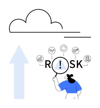 Kadın risk kelimelerini büyüteçle ve strateji, bulut ve veri için simgelerle inceliyor. İş, analiz, karar verme, risk yönetimi, bulut planlaması, soyut liderlik çizgisi için ideal