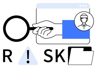 Web tarayıcısı üzerinde kullanıcı profili, risk uyarısı işareti ve dosya dizini olan büyüteç. Güvenlik, araştırma, İK, uyum, denetleme ve risk analizi için ideal. Satır metaforu