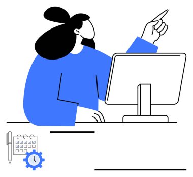 Bilgisayarı kullanan, yukarı bakan, takvim, saat ve vites simgesi ile çevrili bir kadın. Üretkenlik, zamanlama, zaman yönetimi, iş akışı planlama süreleri için ideal soyut çizgi