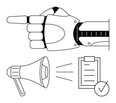 Sağ eli gösteren robot el, ses hatları yayan megafon, işaretli kontrol listesi. Teknoloji, yapay zeka, otomasyon, iletişim, görev yönetimi, fütüristik kavramlar için idealdir.