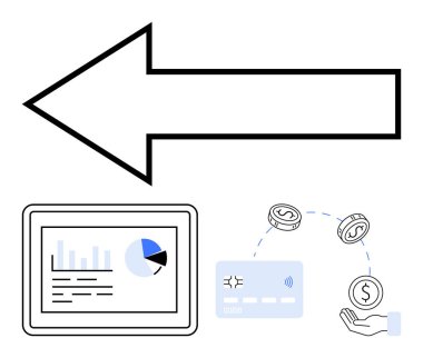 Finansal grafikleri gösteren tabletin üzerinde sol işaret eden büyük bir ok ve dijital bir karttan para alan bir el. Finans, bankacılık, işlemler, ekonomik eğilimler, veri analizi, dijital için ideal