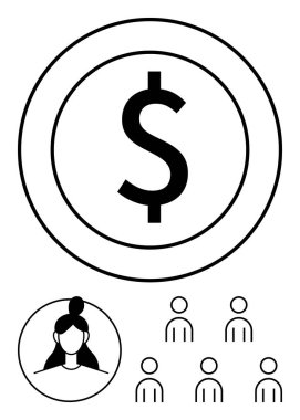 Çemberin içinde bir dolar sembolü, daha küçük bir çemberde topuz, altı insan ikonu. Finans, liderlik, yönetim, takım çalışması, yatırım, ticaret, ekonomik kavramlar için idealdir. Satır metaforu