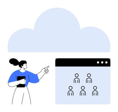 Bir tablet tutan kadın, bulutun altında kullanıcı simgeleri olan bir tarayıcı penceresine işaret ediyor. Bulut hizmetleri, takım çalışması, teknoloji, ağ oluşturma, çevrimiçi işbirliği, dijital araçlar, soyut çizgi düz