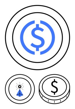 Dolar sembollü sikkeler, piramidin içindeki göz ve soyut geometrik elementler. Finans, kripto para birimi, dijital ekonomi, blok zinciri, yenilik, güvenlik soyut çizgisi düz metafor için ideal