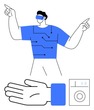 VR gözlüklü, devre baskılı tişörtlü, el hareketleriyle hareket eden adamlar. Ukalalık ve aletlerle el ele tutuşmayı da içeriyor. Sanal gerçeklik için ideal, yıpranabilir, teknolojik etkileşim, yenilik, dijital gelecek