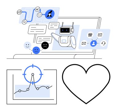 Robot sohbet robotu bir dizüstü bilgisayarın etrafında ifade, grafik ve çeşitli aletlerle geri bildirim işliyor. Yapay zeka, müşteri desteği, veri analizi, geri bildirim yönetimi, duygular, teknoloji soyut çizgisi için ideal