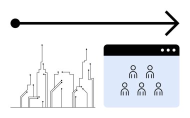 Cityscape with circuit lines, browser window with user icons, black directional arrow. Ideal for technology, smart cities, innovation, progress, communication, networking abstract line flat metaphor clipart