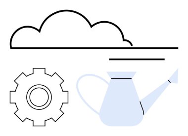 Bulut, dişli ve sulama basit çizgilerde gelişmeyi, büyümeyi ve beslenmeyi sembolize eder. Temalar için ideal yenilik, sürdürülebilirlik, iş dünyası, teknoloji tarım ekip çalışması