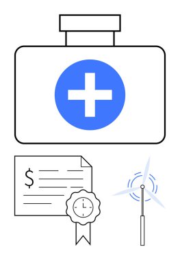 Mavi haçlı ilk yardım çantası, dolar ve kurdeleli mali belge, rüzgar türbini. Sağlık, finans, sürdürülebilirlik, tıbbi yardım, yenilenebilir enerji, sertifika çevre dostu