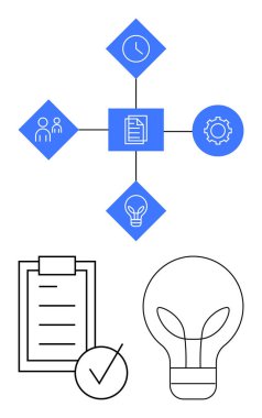 Geometrik bilgi, saat, takım, ampul, dişli simgeleri, kontrol listesi ve tik. Üretkenlik, yenilikçi organizasyon organizasyonu yönetimi ve süreç stratejisi için idealdir. Soyut