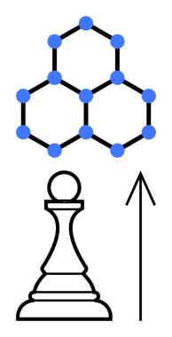 Altta satranç piyonu, yanında yukarı doğru ok, üstünde mavi daireler olan altıgen moleküler yapı. Strateji, büyüme, yenilik, ilerleme, bilim, ilerleme eğitimi için idealdir. Çizgi