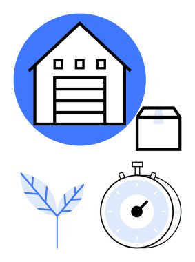 Paketi, yaprağı ve kronometresi olan bir depo ikonu. Lojistik, e-ticaret, dağıtım hizmetleri, tedarik zinciri verimliliği, zaman yönetimi, sürdürülebilirlik soyut çizgisi düz metaforu için ideal