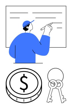 Kalem ve para ve anahtar simgeleriyle birlikte gemide yazan kişi, planlama, finans, güvenlik ve mülkiyeti sembolize ediyor. Mali planlama, yatırımlar, mülk, eğitim sözleşmeleri için ideal