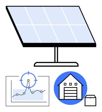Veri grafiği, hedef simgesi ve yenilenebilir enerji, sürdürülebilir teknoloji ve enerji verimliliğini temsil eden akıllı ev grafiği olan güneş paneli. Çevre teknolojisi için ideal, veriye dayalı