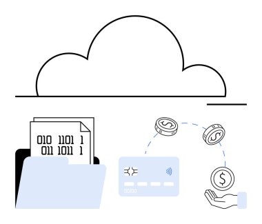 İkili veri içeren bir dosya klasörünün üzerinde bulut simgesi. Yakınlarda irtibatsız bir ödeme kartı, bozuk para ve bir el var. Finans, teknoloji, bulut hesaplama, veri yönetimi, siber güvenlik için ideal