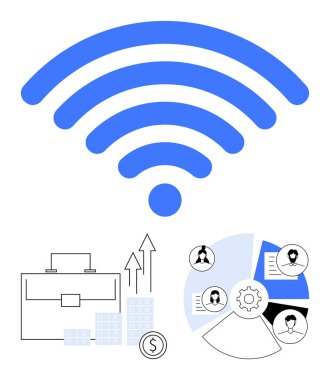 Evrak çantası, istiflenmiş bozuk paralar, büyüme okları ve profil simgeleriyle birlikte pasta grafiği de dahil olmak üzere çeşitli iş simgelerinin üzerinde kablosuz sinyal sembolü var. Dijital dönüşüm ve teknoloji için ideal