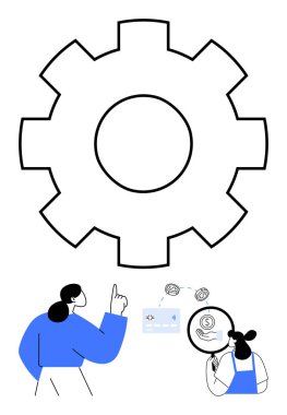 Biri işaret eden iki profesyonel, diğeri de büyüteçle mali ayrıntıları inceleyen geniş dişli ana hatları. Takım çalışması, analiz, finans, işbirliği, planlama, stratejik