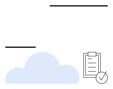 Siyah çizgileri ve kontrol listesi olan mavi bulut, görev yönetimi, bulut depolama ve teknik çözümleri vurguluyor. Üretkenlik, verimlilik, hedefler, organizasyon, soyut SaaS çizgisi planlamak için ideal