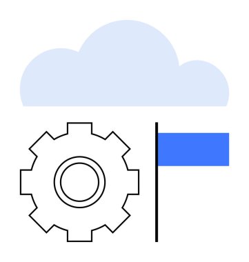 Bulut, dişli ve bulut bilişim, yenilik, başarı, hedefler, gelecek yönelimli sistem yönetimi takım çalışması için bayrak. Teknoloji hedefleri stratejisi ve yenilik için ideal. Soyut çizgi