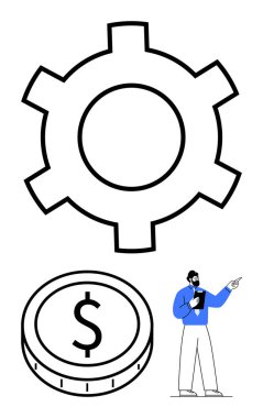 Büyük vites sistemi ya da süreci sembolize eder. Finans için dolar işareti olan madeni para. Mavili adam kavramlara işaret eder. Takım çalışması, strateji, yenilik, işletme yönetimi ve süreç iyileştirmesi için ideal