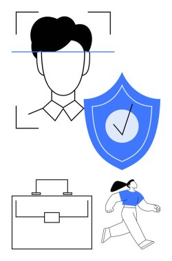 Yüz tanıma sistemi, güvenlik işaretli kalkan, iş çantası, yürüyen profesyonel. Güvenlik, kimlik, yapay zeka, biyometri, ticari tröst veri gizlilik çizgisi için ideal