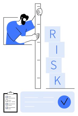 Kontrol listesi ve mavi işaretin yanında cetvelli RISK etiketli blok yığınını ölçen adam. Risk yönetimi, değerlendirme, analiz, iş stratejisi, karar verme, proje planlaması için ideal