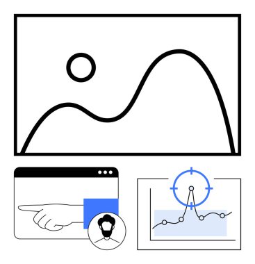 Abstract chart with sun over hills, user profile with pointing hand, and focus on analytics. Ideal for marketing, UXUI, data trends, business growth, optimization, creativity concepts abstract line clipart