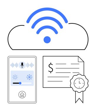 Sinyal dalgalı bulut, mikrofon ve sıcaklık ayarlı akıllı ev kontrol paneli sertifika mührü ve saat çizgili mali belge. Akıllı teknoloji ve ev otomasyonu için ideal.