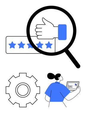 Beş yıldızlı sıralamada büyüteç, vites temsil etme süreci, tablet verilerini inceleyen iş kadını. Müşteri hizmetleri, geri bildirim, kalite analizi, değerlendirme, kullanıcı deneyimi, süreç için ideal