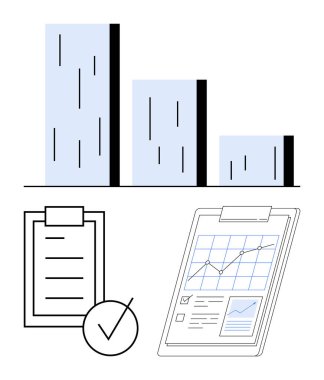 Üç sütunlu bar tablosu, kontrol listesi ve işaretli pano, grafikli dijital rapor. Analiz, görev izleme, raporlama, hedefler, üretkenlik, soyut çizgi planlama için ideal
