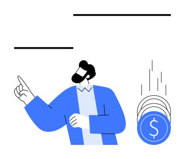 Mavi ceketli bir işadamı, zenginliği temsil eden bozuk paralarla yukarıya doğru bakıyor. Finans, yatırım, tasarruf, ekonomik büyüme, iş stratejileri, zenginlik yönetimi, girişimcilik için ideal