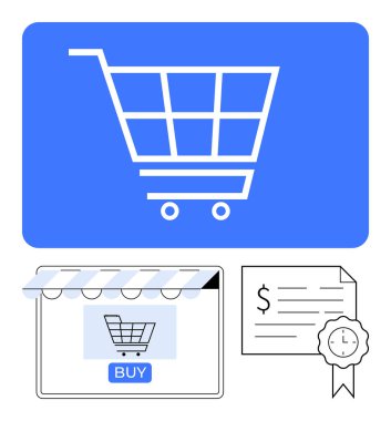 Mavi dikdörtgen üzerinde alışveriş arabası simgesi, satın alma düğmesi ve alışveriş arabası ile çevrimiçi mağaza önü, mühür ve saat sertifikası. E-ticaret, çevrimiçi alışveriş, işlemler, dijital ödemeler için ideal