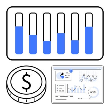 Değişen yüksekliklere sahip çubuk grafik, dolar para simgesi ve grafik ve analizli veri paneli. Finans, bütçe, analitik, istatistik, iş stratejisi, fintech soyut çizgisi için ideal