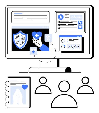 Ekrandaki tıbbi araçlar arasında çizelgeler, bir kalkan, kalbi tutan bir el ve kullanıcı profilleri yer alıyor. Takım tarafından ortaklaşa kullanım. Teletıp, sağlık hizmetleri, yapay zeka, veri paylaşımı ve yenilik için ideal