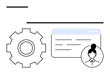 Basit satır sanatında vites simgesi, tarayıcı penceresi ve kullanıcı profili simgesi. Teknoloji, arayüz tasarımı, kullanıcı ayarları, takım çalışması, ağ oluşturma, yazılım soyut çizgisi düz metaforu için ideal