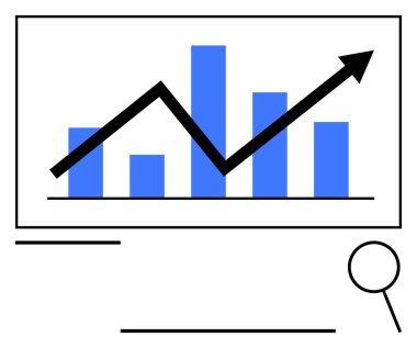 Yukarı doğru çizgili çizelge, analitiği sembolize eden büyüteç. İş, büyüme, veri analizi, mali ilerleme, strateji, piyasa araştırması, soyut çizgi düz metaforu için ideal
