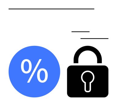 Asma kilit taşımacılığının yanındaki yüzde sembolü güvenli finansal veri koruması. Finans, güvenlik, çevrimiçi mahremiyet, veri şifreleme, kanıt temelli karar verme, siber güvenlik, güvenli